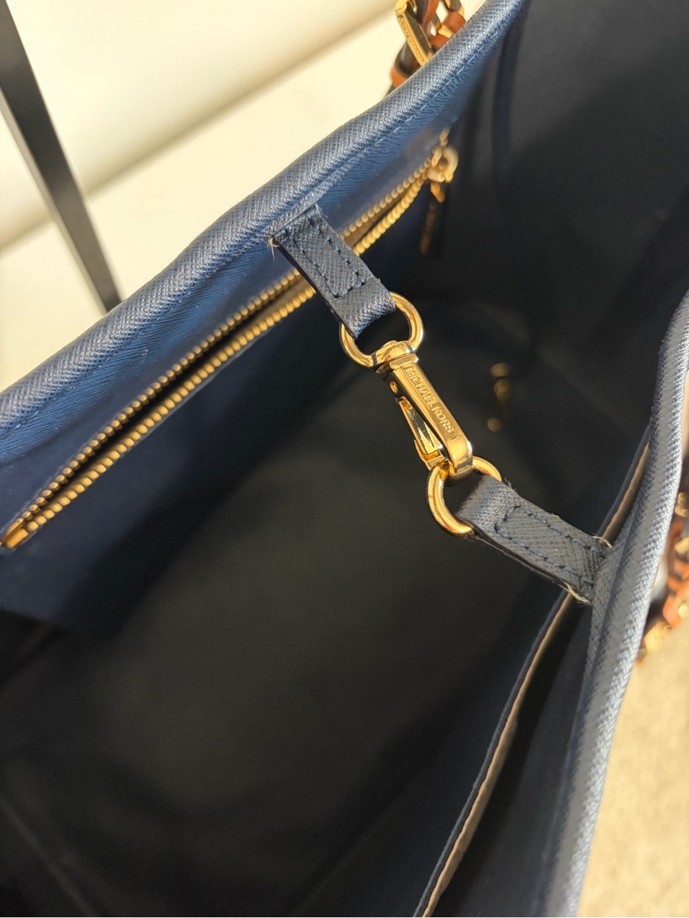 Michael Kors Jet Set Travel Navy & White Striped Tote with Brown Leather Straps - Picture 7 of 9